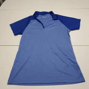 SportTek Shirt Women Medium Polo Blue Short Sleeve Spread Collar V Neck Pullover